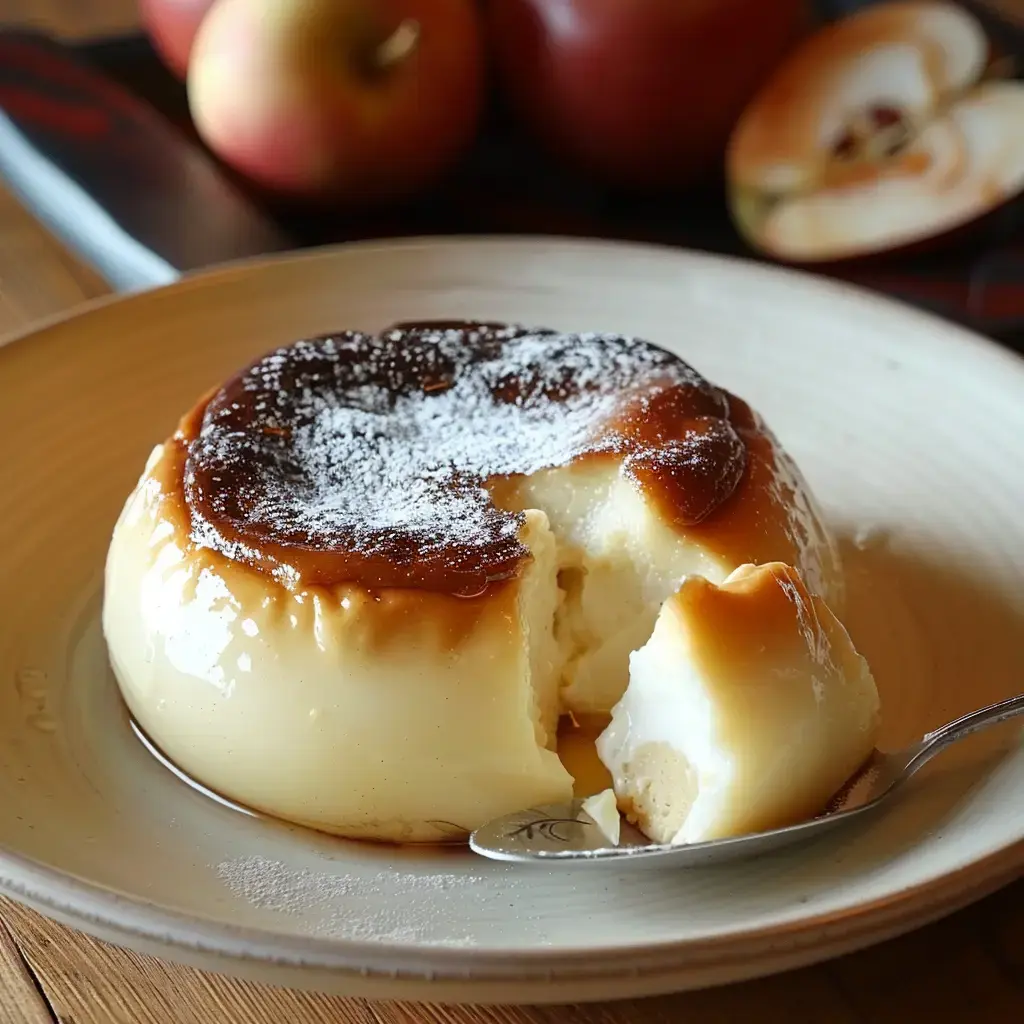 A creamy flan dusted with powdered sugar, served on a plate with apples in the background.
