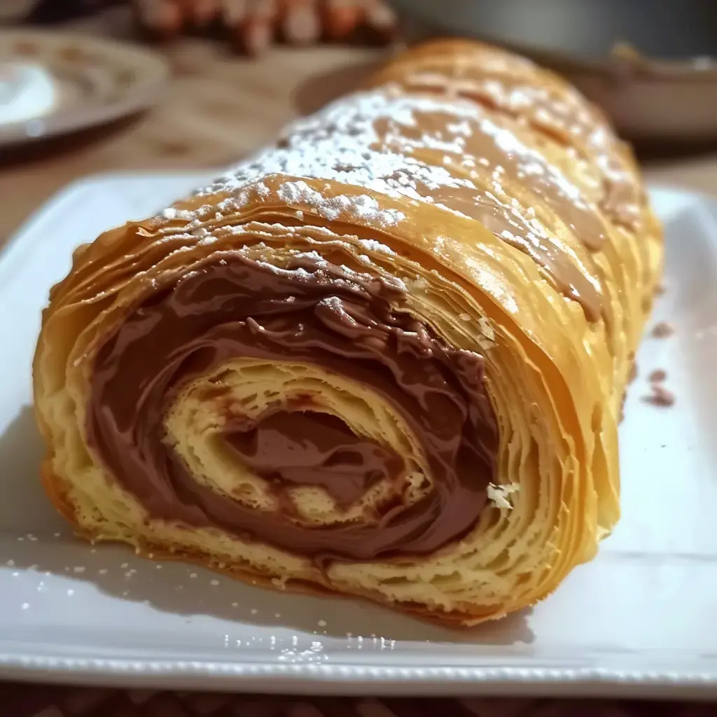 A flaky rolled cake filled with chocolate and dusted with powdered sugar.
