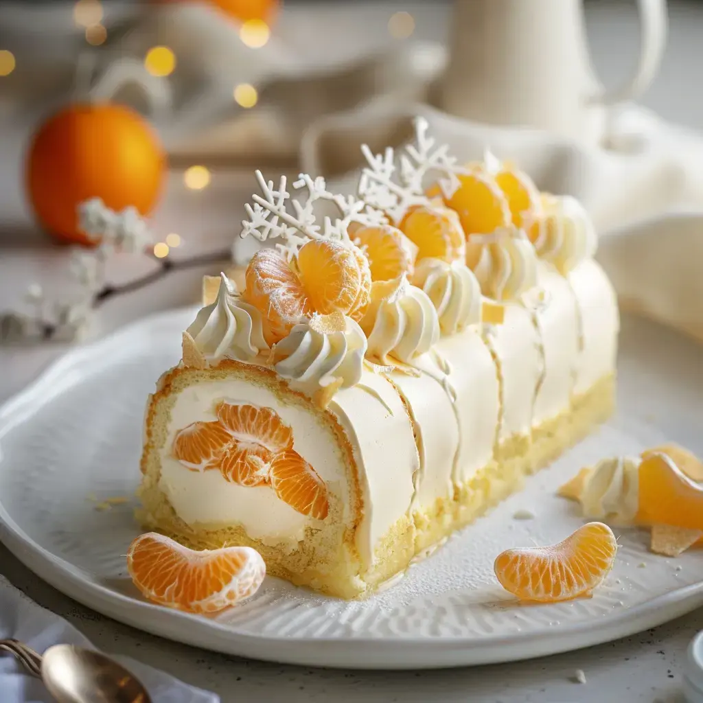 A Swiss roll cake topped with whipped cream and tangerines, sprinkled with sugar snowflakes, sits on a serving plate.
