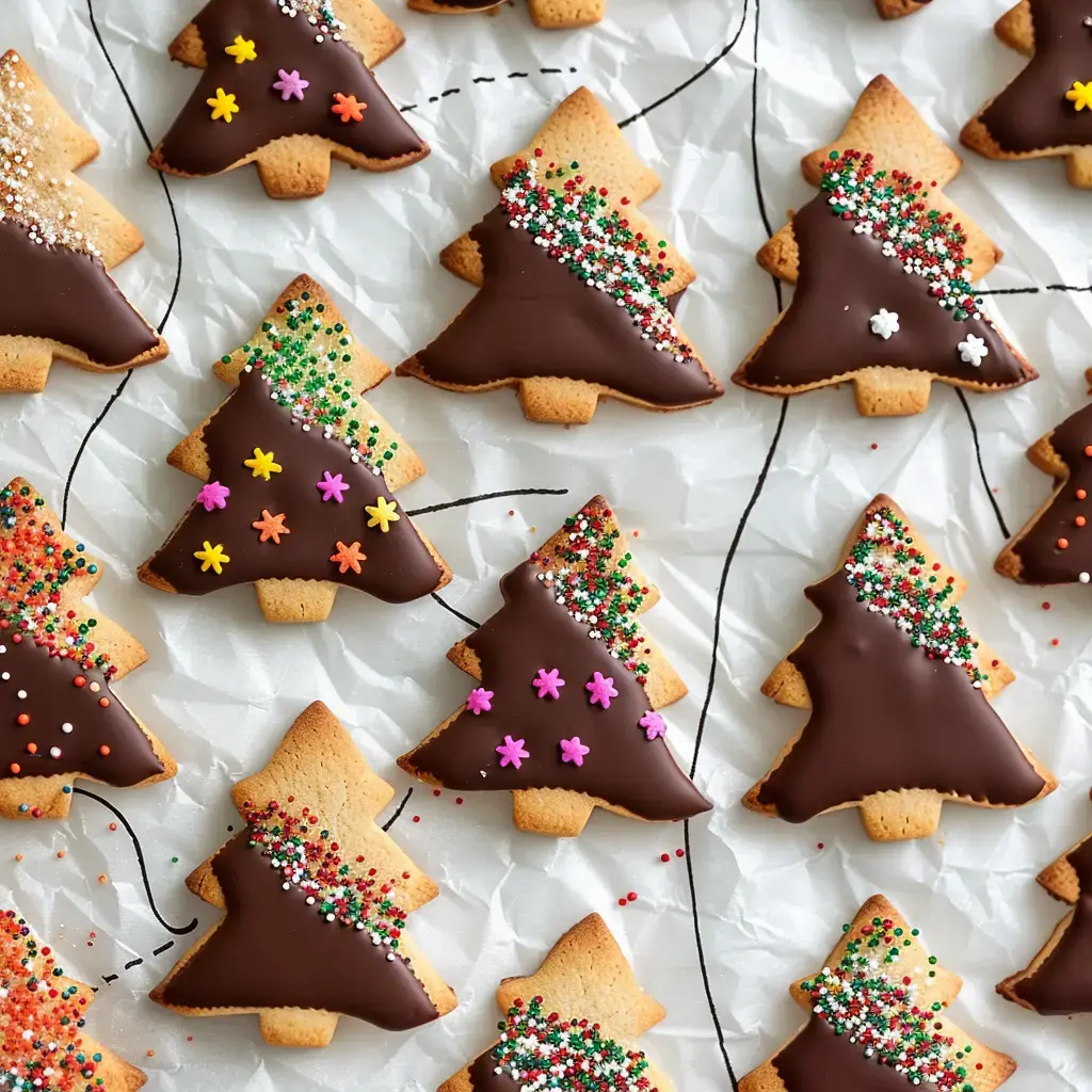 Tree-shaped cookies decorated with chocolate and colorful sprinkles arranged on paper.