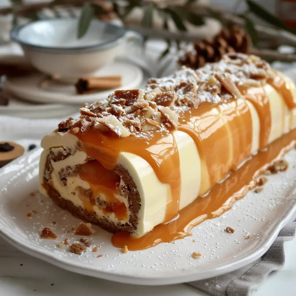 A rolled cake filled with cream and caramel, topped with crunchy bits and powdered sugar.