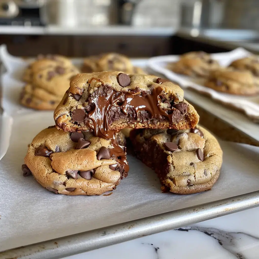 Soft chocolate chip cookies split open showing melted chocolate filling inside.