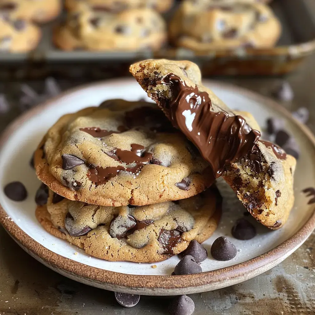 Chocolate chip cookies with one torn in half showing gooey melted chocolate inside.