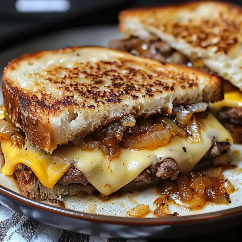 A toasted sandwich filled with meat, melted cheese and caramelized onions sits ready on a plate.