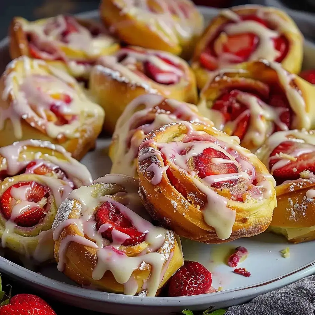 Sweet rolls filled with strawberries and topped with icing, displayed on a serving plate.