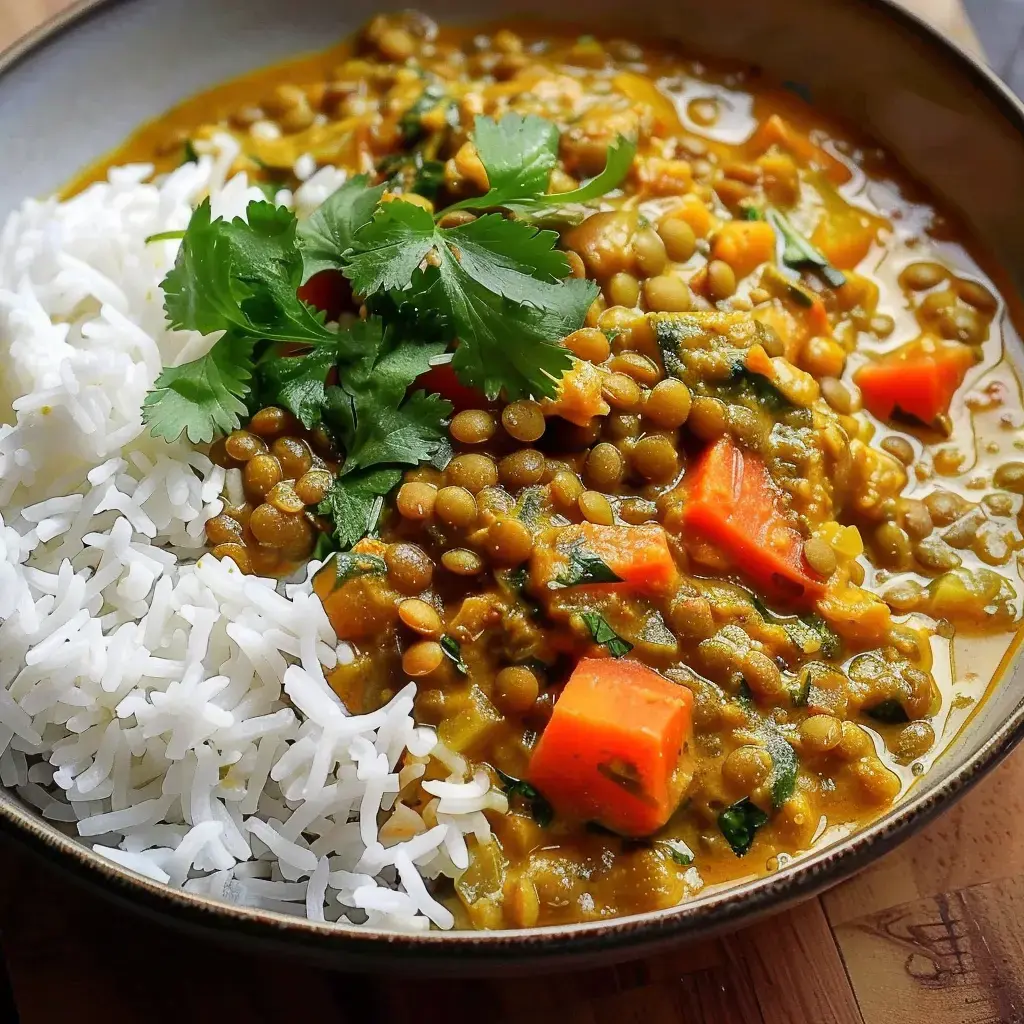 A bowl of white rice served with lentil curry and fresh coriander on top.