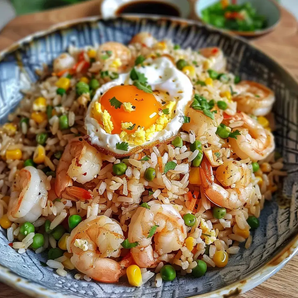 A bowl of fried rice topped with shrimp, peas, corn, and a fried egg, garnished with fresh cilantro.