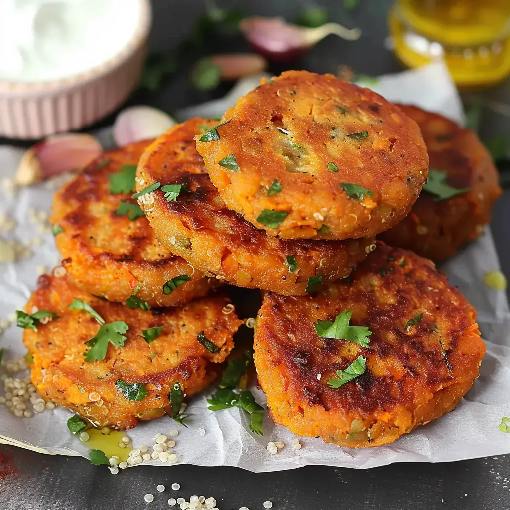 Golden veggie patties garnished with cilantro, served on parchment paper with a bowl of yogurt in the background.