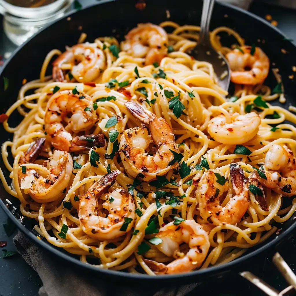 A serving of pasta with shrimp and parsley in a black dish.