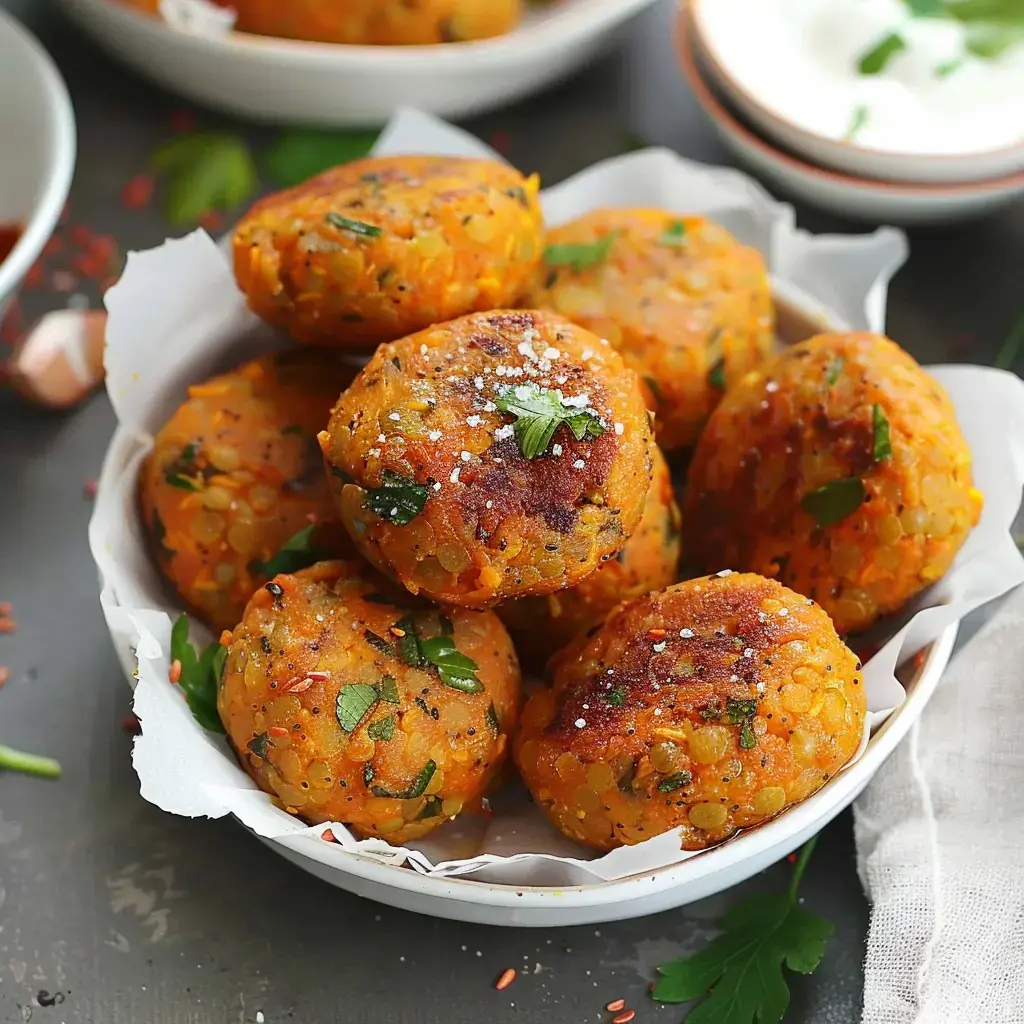 Golden lentil balls garnished with parsley, served in a bowl lined with white paper.