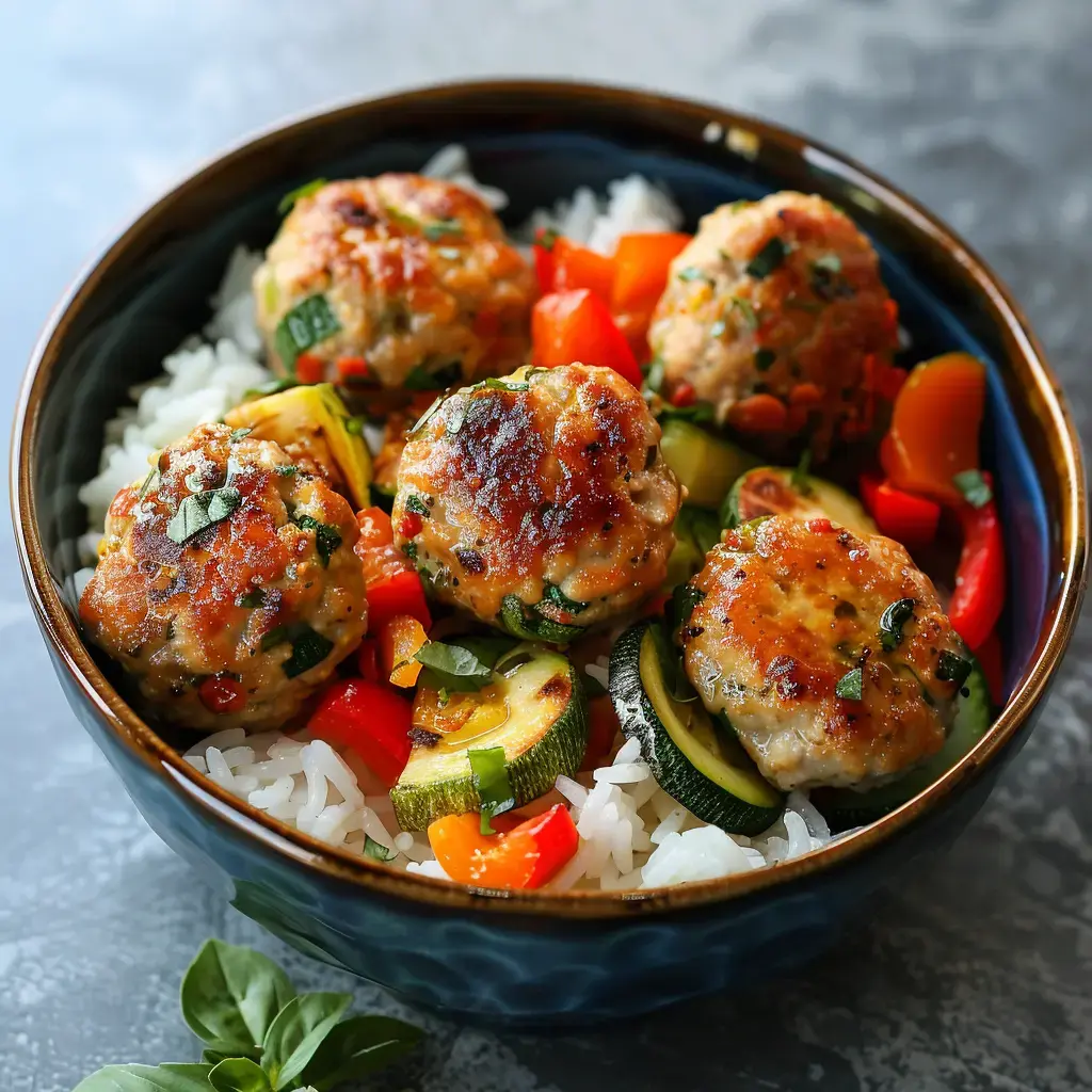 A rice bowl topped with meatballs and an array of vegetables like zucchini and peppers.