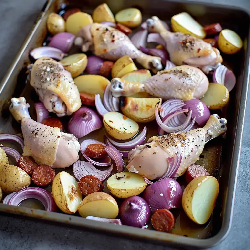 Golden chicken thighs, baked with soft potatoes and red onions in a roasting dish.