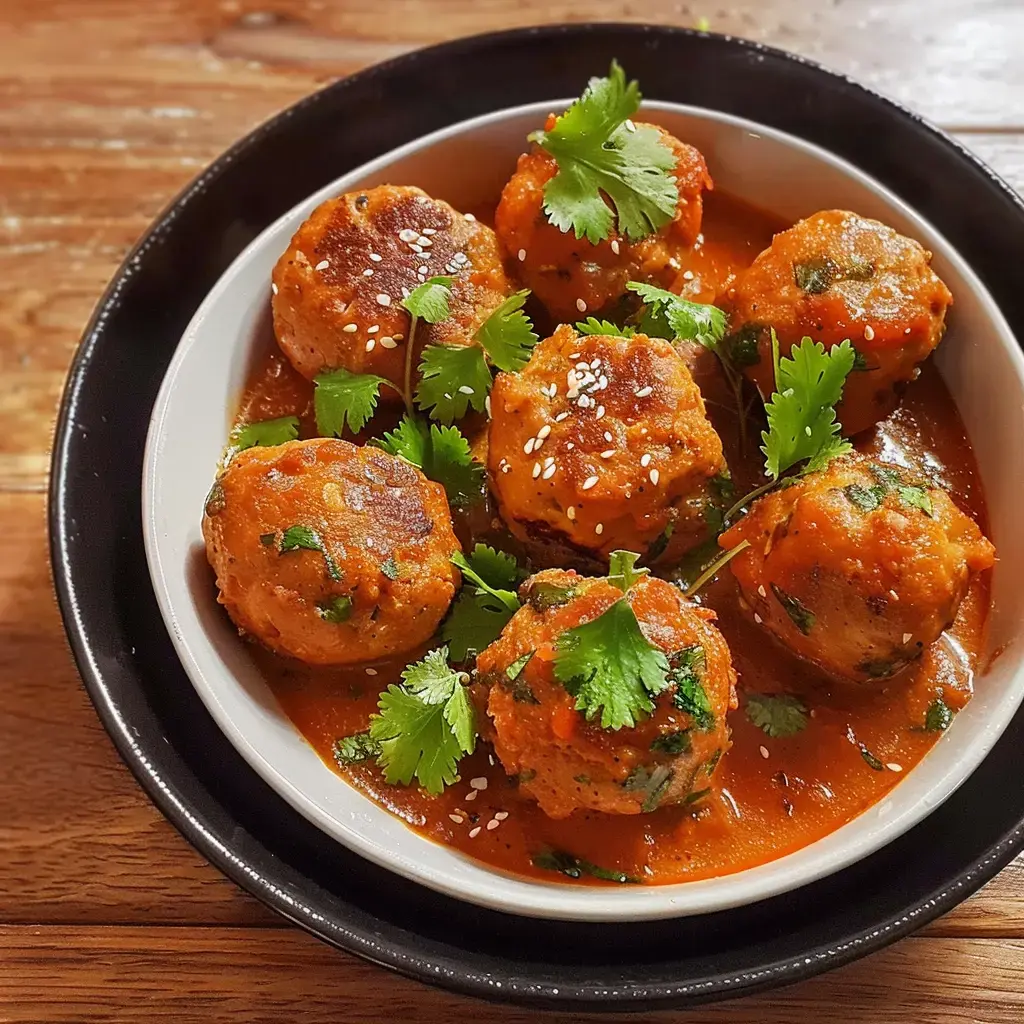 A delicious plate of chicken bites in a rich red sauce, finished with fresh cilantro and sesame seeds.