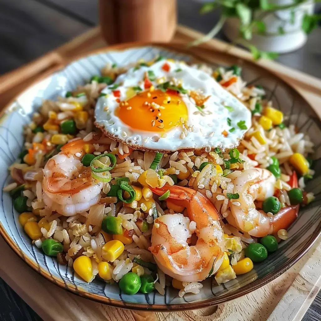 A bowl of stir-fried rice topped with shrimp, colorful vegetables and a fried egg.