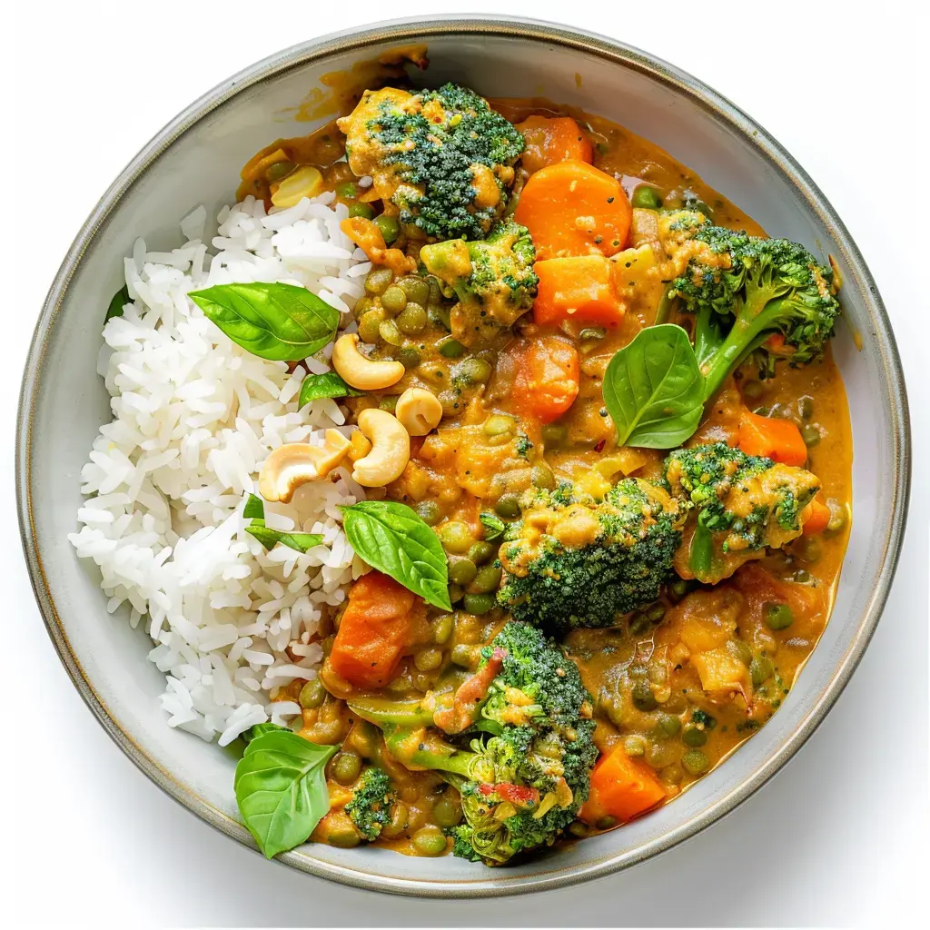 Un bol de curry végétarien avec du brocoli, des carottes, des lentilles, des noix de cajou et du riz blanc, garni de feuilles de basilic.