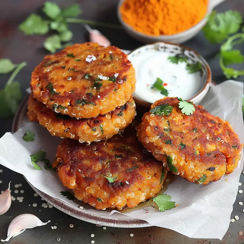 Golden-brown quinoa patties served with a side of yogurt and spice powder in the background