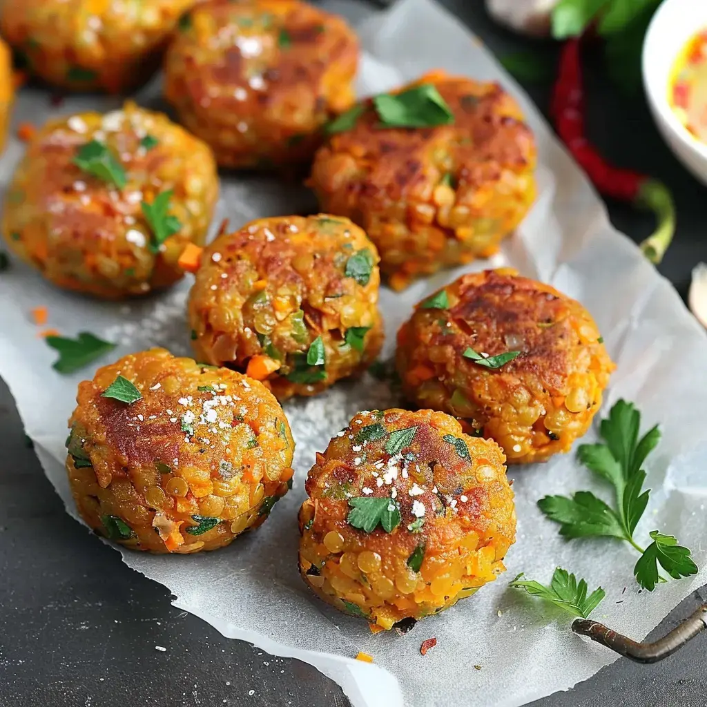 Golden lentil patties garnished with parsley, arranged on parchment paper.