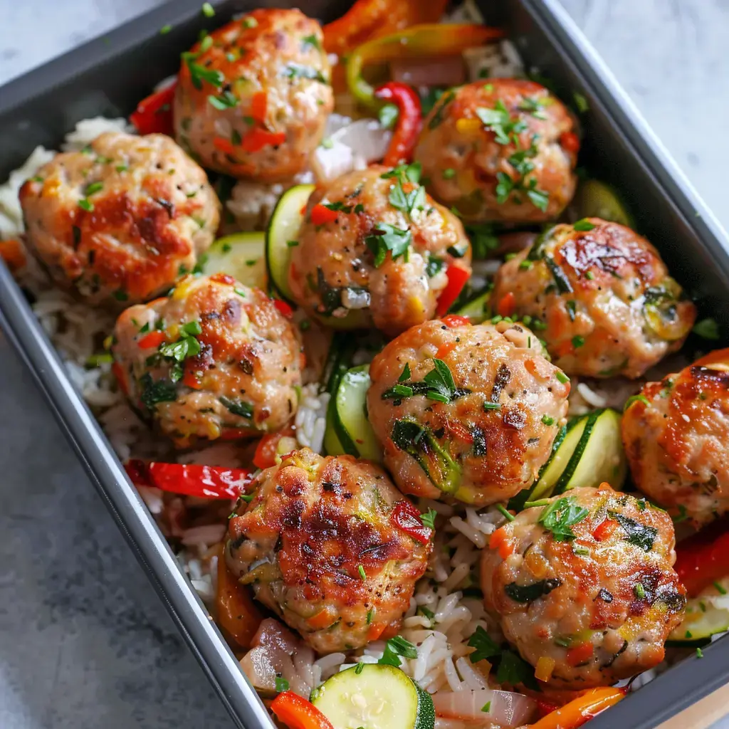 Un plat en métal rempli de boulettes de viande dorées accompagnées de légumes colorés et de riz.