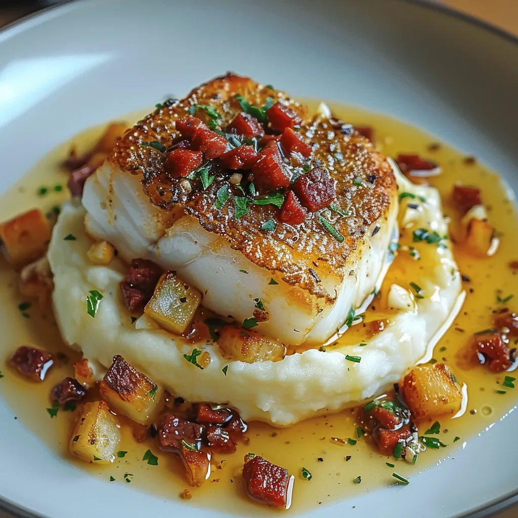 Cod with Chorizo Cream Sauce and Mashed Potatoes