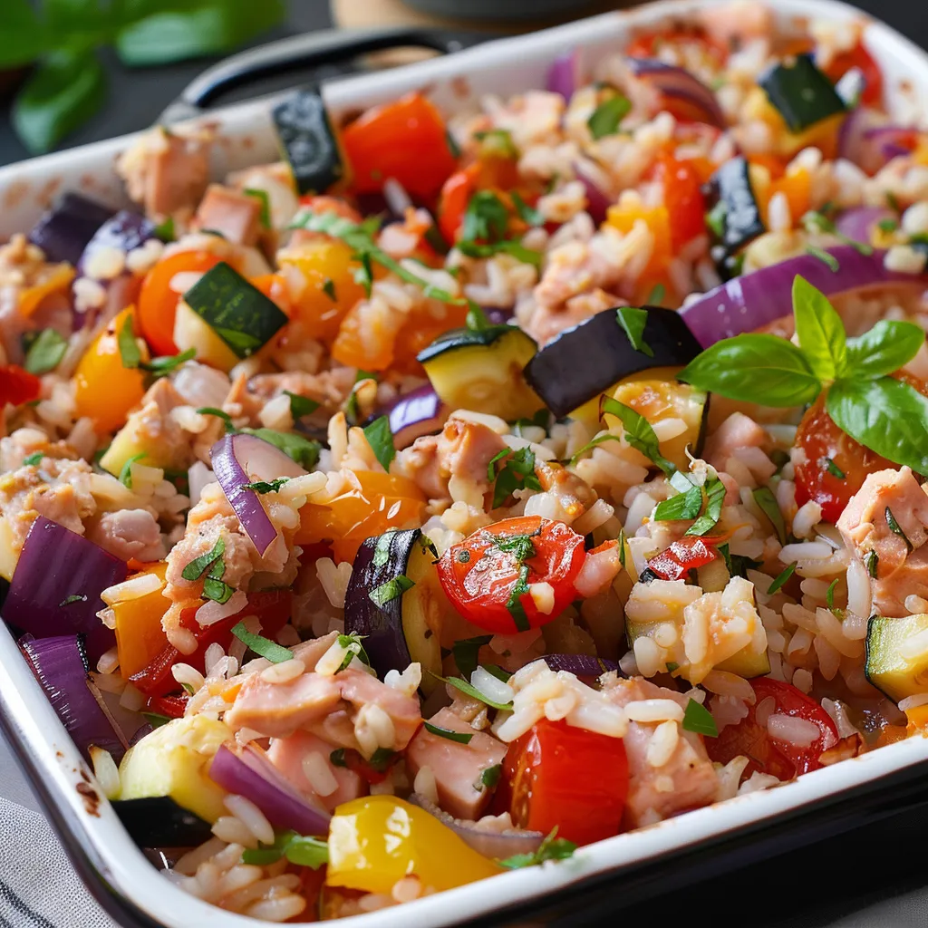 Baked rice with veggies and tuna