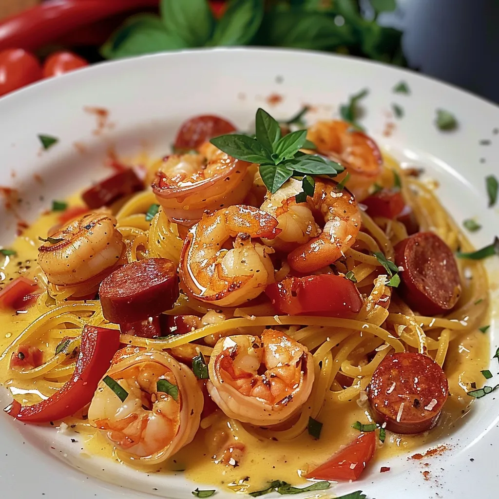 Flavorful Creamy Bell Pepper Pasta with Chorizo and Shrimp