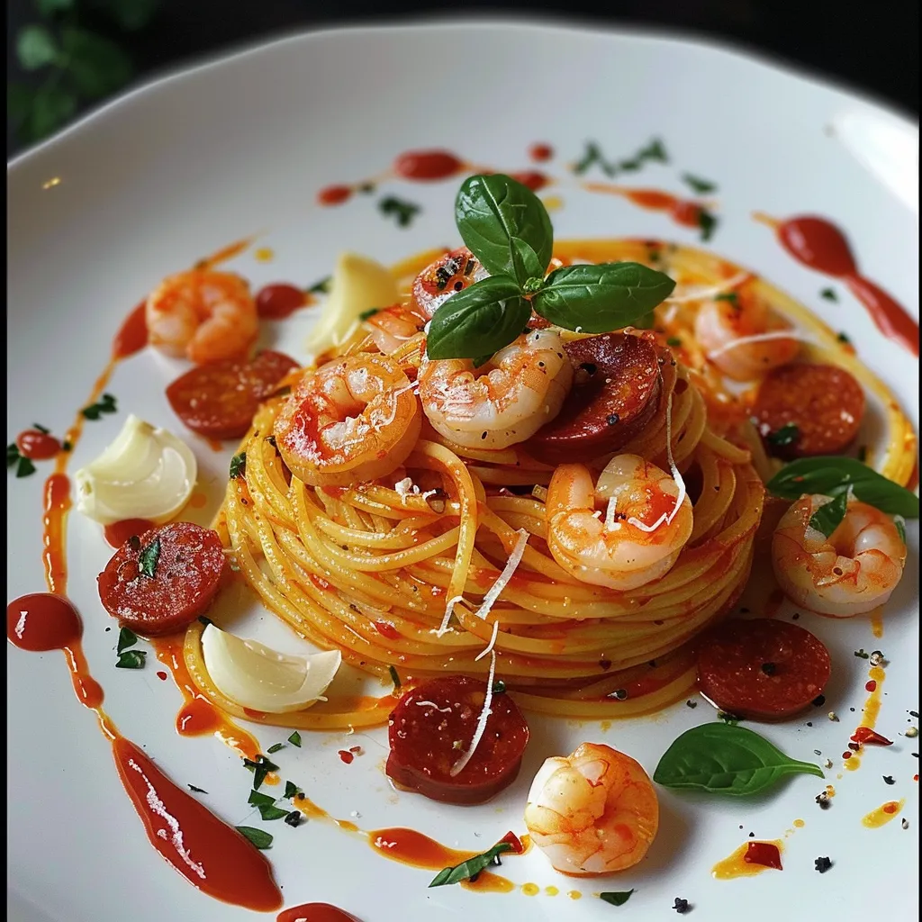 Creamy Red Pepper Spaghetti with Chorizo and Shrimp