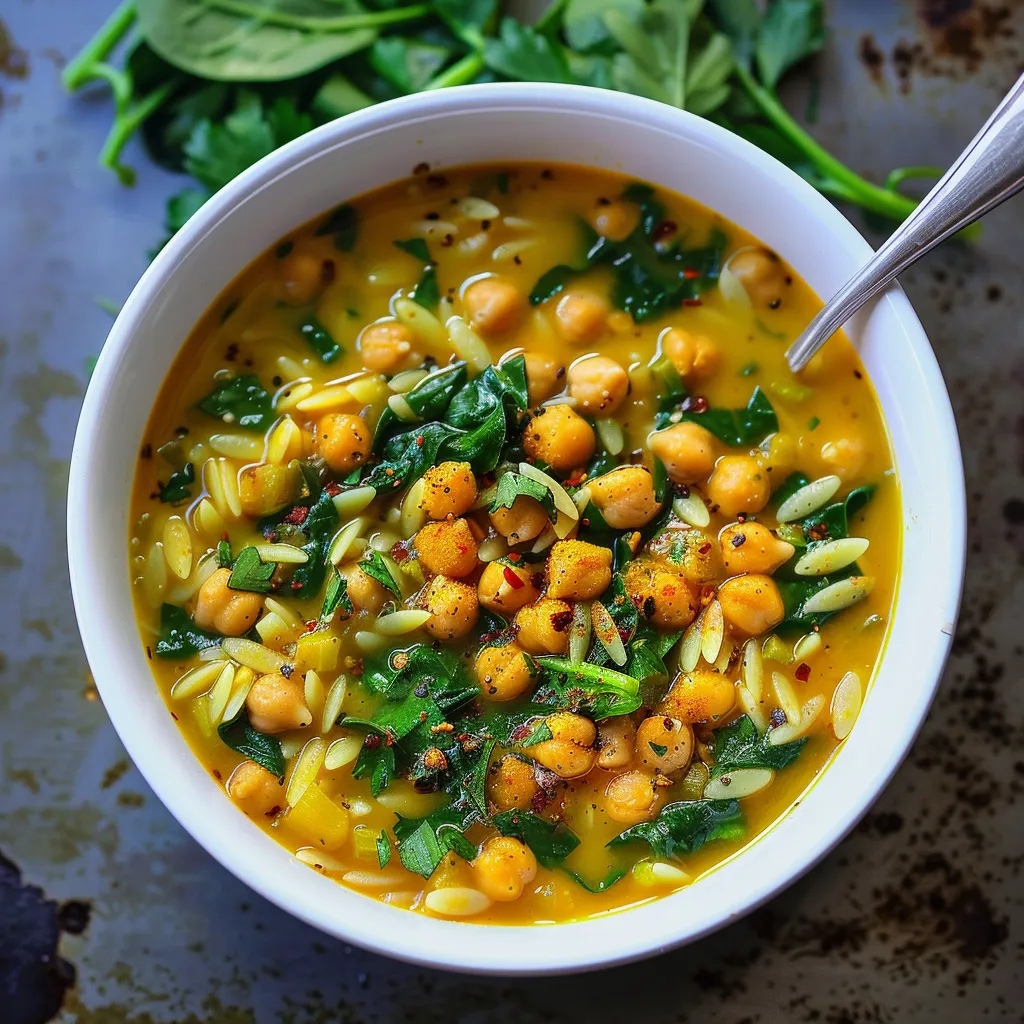 Golden Turmeric Soup with Chickpeas, Orzo and Spinach