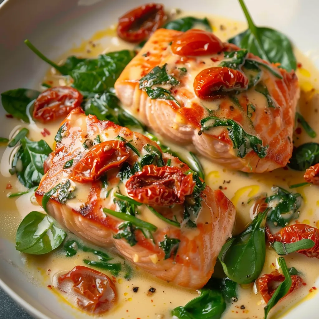 Tuscan-inspired salmon with creamy spinach and sun-dried tomatoes