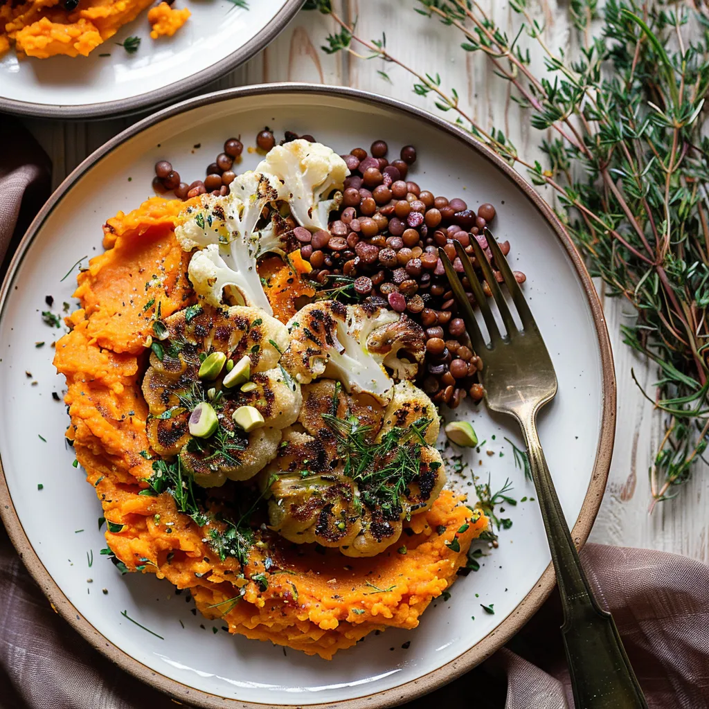 Vegan Oven-Roasted Cauliflower Steak & Sweet Potato Mash