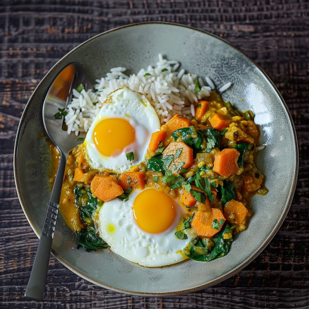 Bowl of sweet potato, carrot, and spinach curry with rice