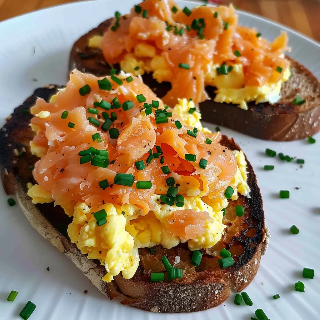 Nordic toast with scrambled eggs and salmon