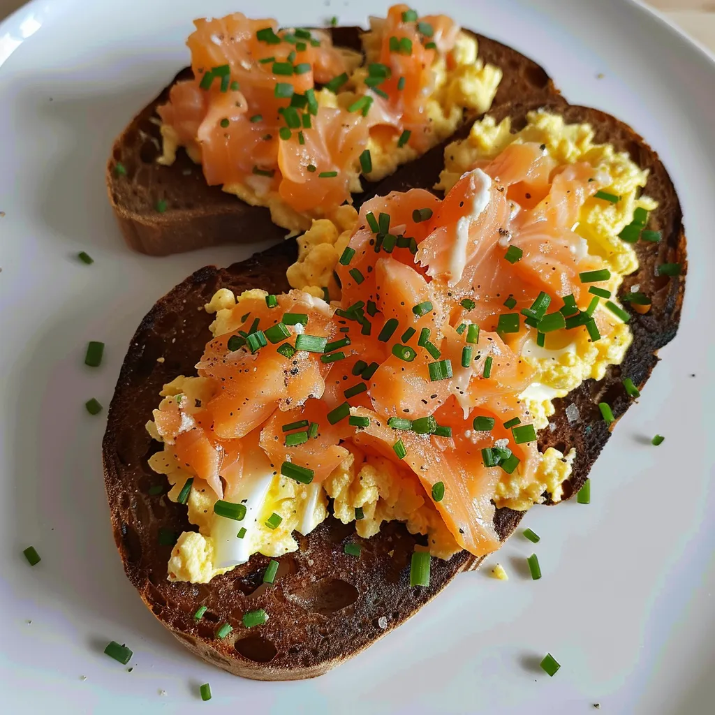 Nordic open-faced sandwich with scrambled eggs and salmon | Gourmet breakfast