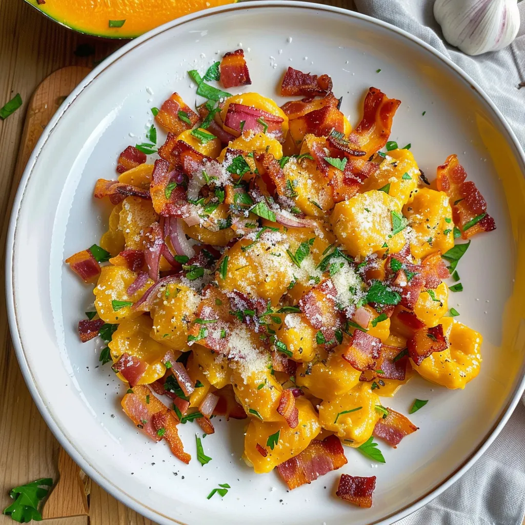 Crispy gnocchi with butternut squash cream sauce and bacon | Fall Recipe