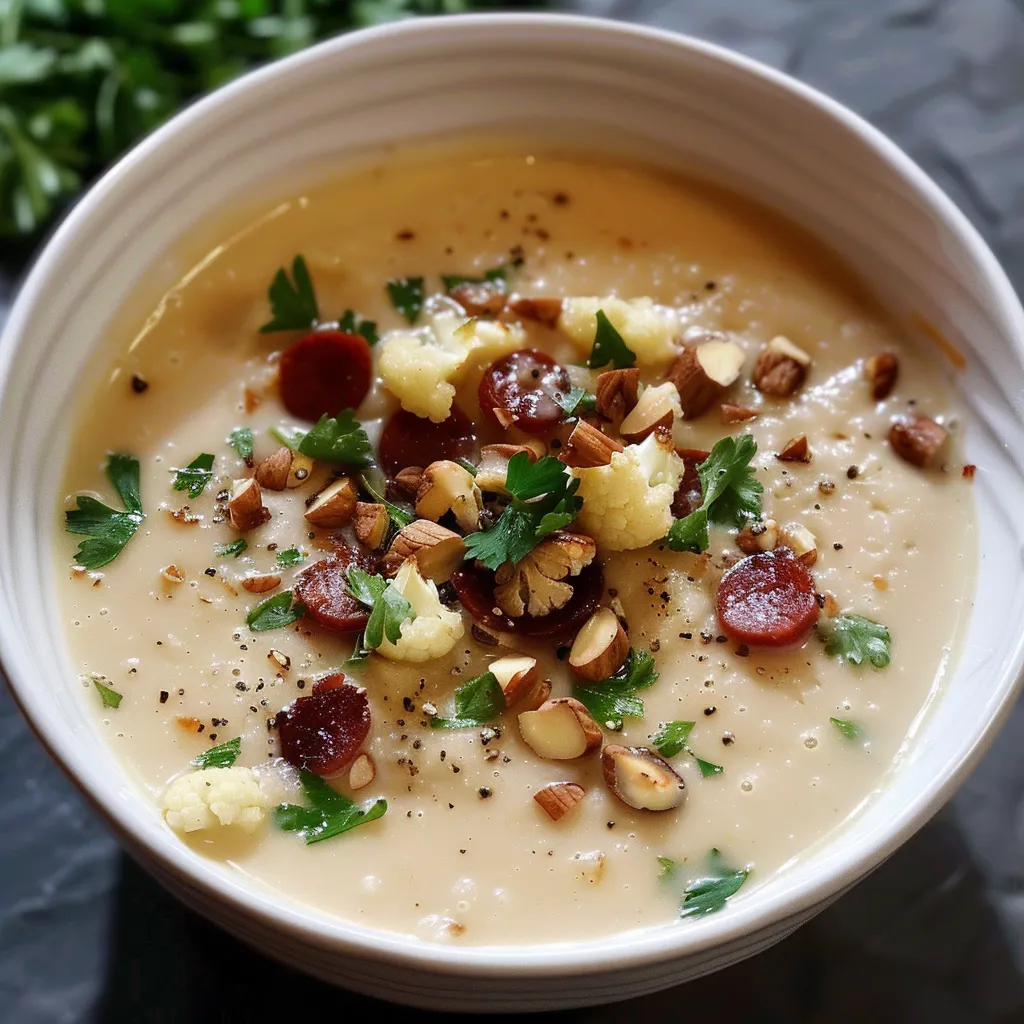 Creamy cauliflower soup with chorizo and hazelnuts