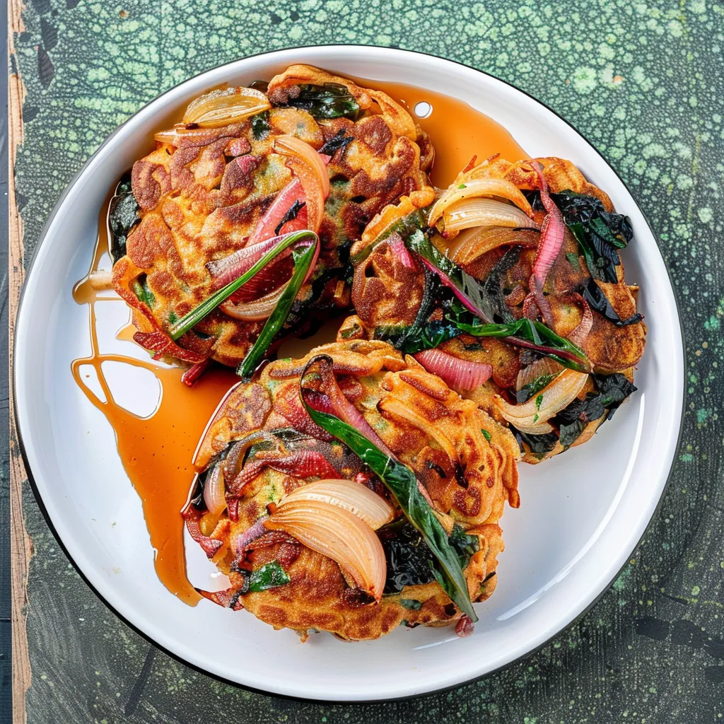 Red lentil pancakes with onions and greens