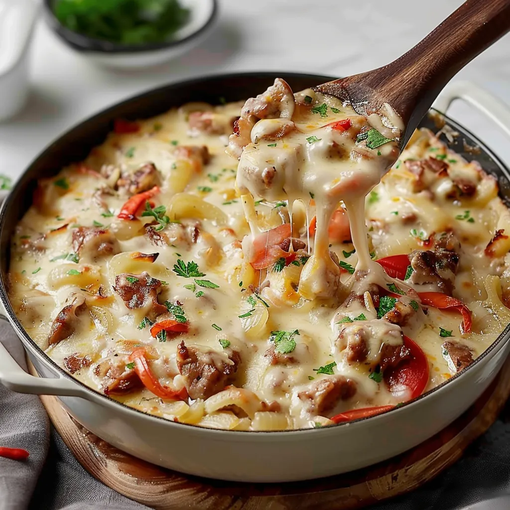 Oven-baked casserole topped with melted cheese and beef