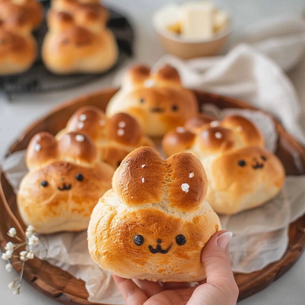 A hand holding a bunny-shaped bun with a face drawn on it.