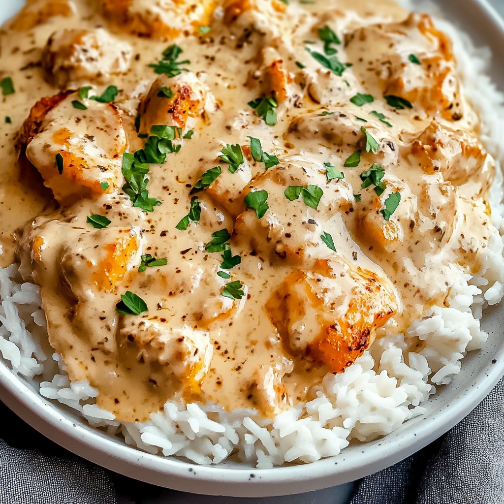 Smothered creamy chicken rice meal