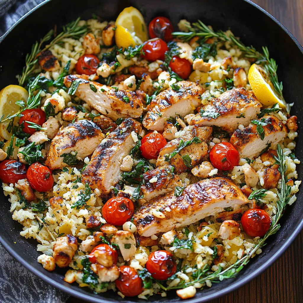 A dark bowl filled with lemon rice, tender chicken, and fresh spinach.