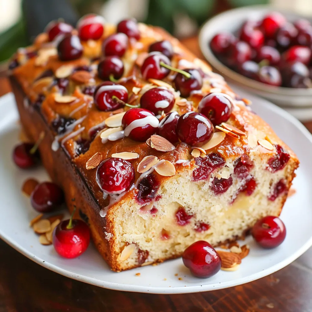 A freshly baked loaf with cherries and almonds scattered on top.