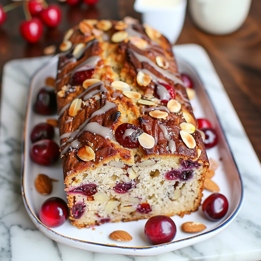 A tasty baked treat covered with cherries and slivered almonds.