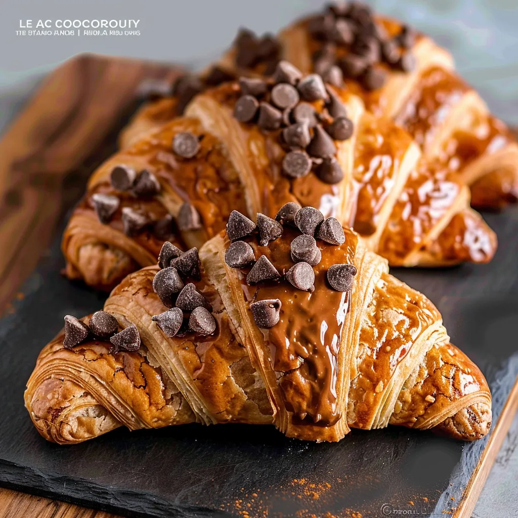 A croissant with chocolate chips on top.
