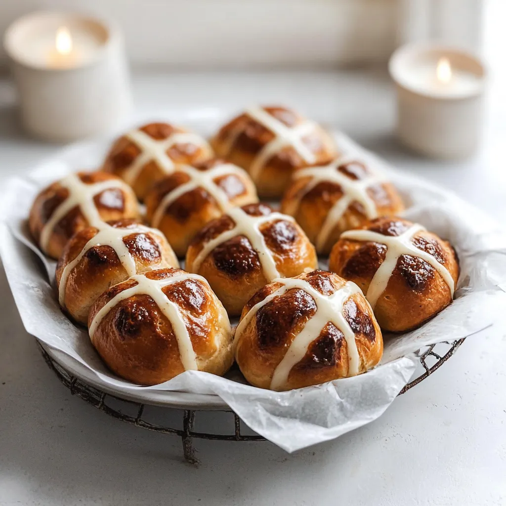 Golden buns with shiny frosting crosses.
