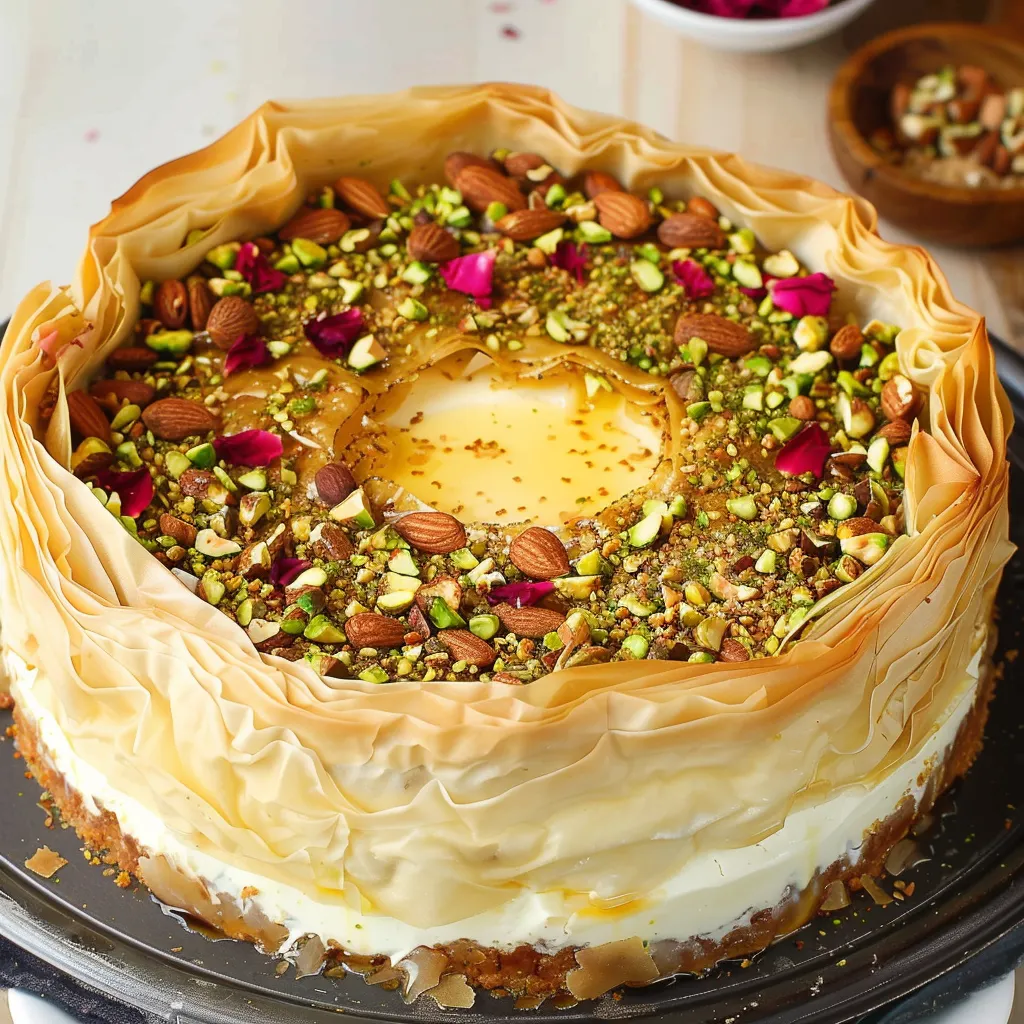 Cheesecake with crunchy pistachio walnut topping