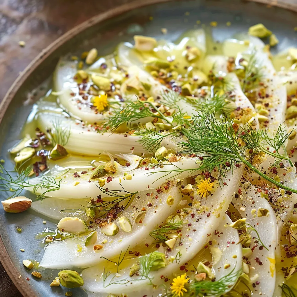 Easy and fancy fennel, sumac, and pistachio carpaccio