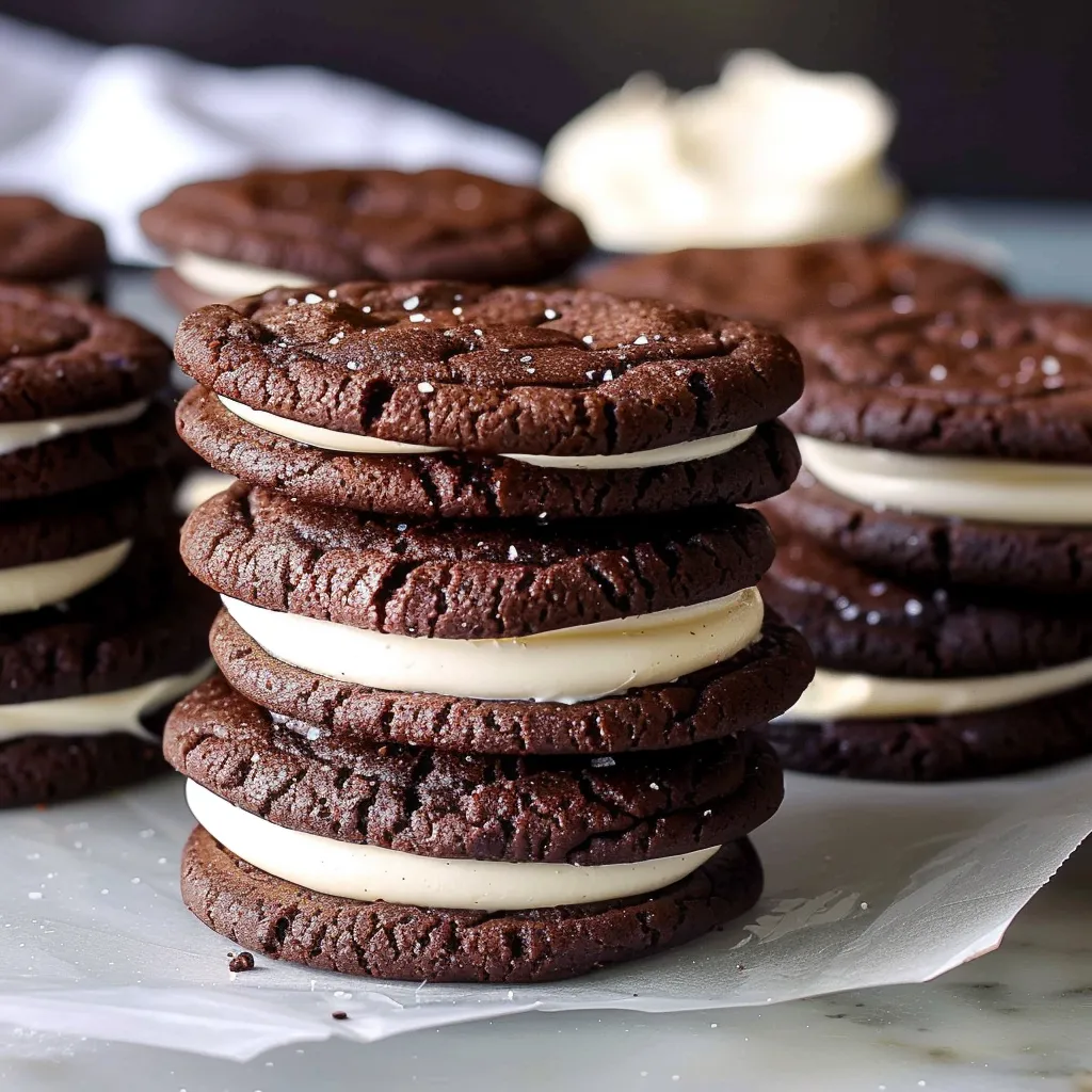 See homemade chocolate cookies with vanilla frosting up close