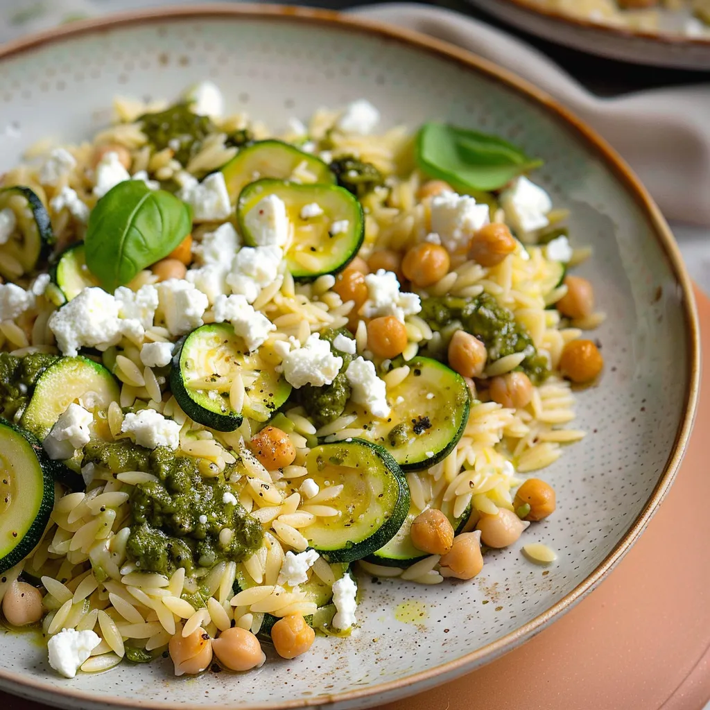 Orzo with zucchini, pesto, and smooth feta