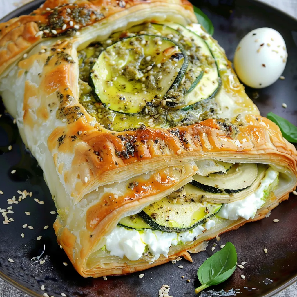 Zucchini, pesto, and burrata puff pastry