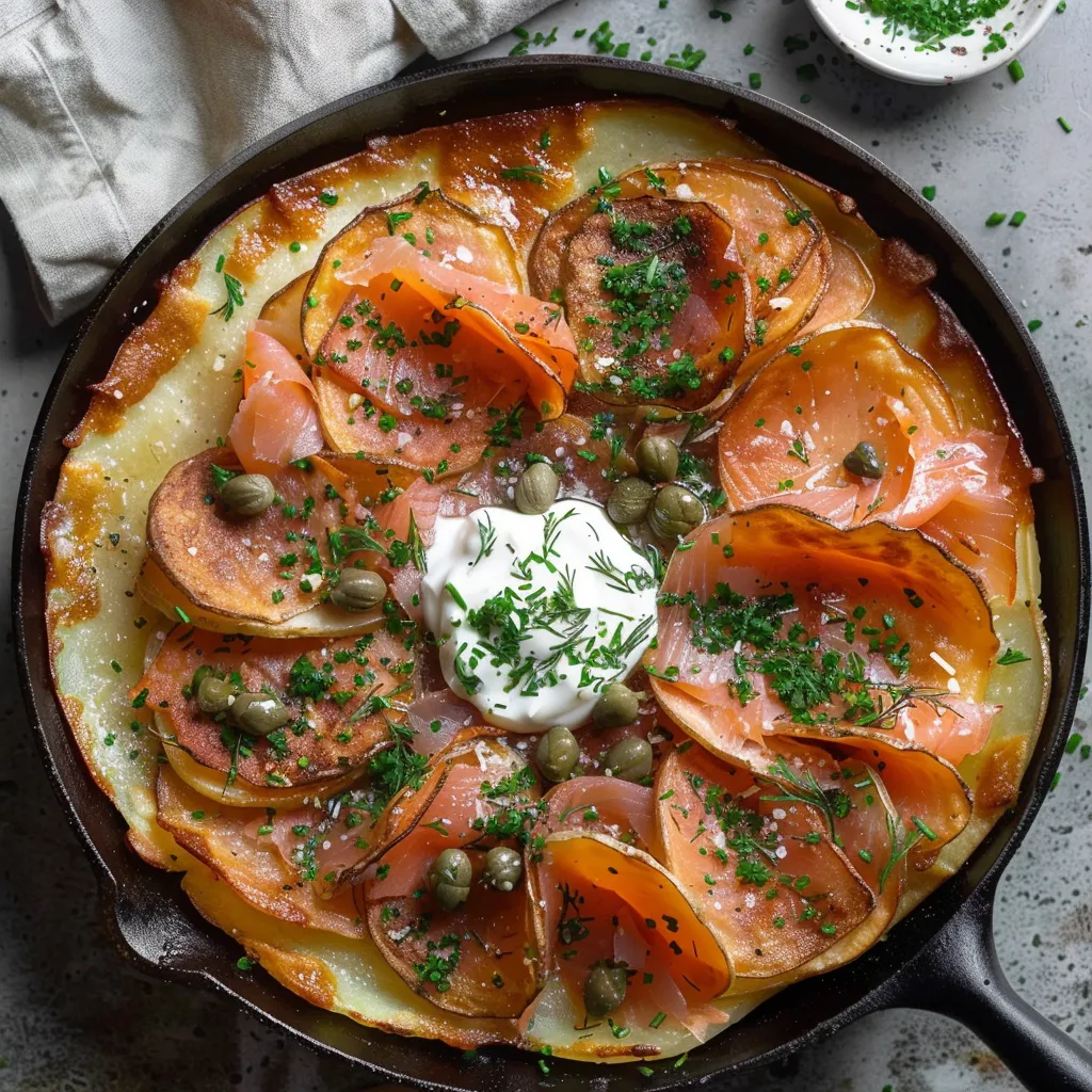 Crunchy potato galette with smoked salmon and crème fraîche