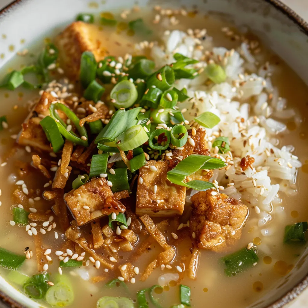 Enjoy a bowl of miso ginger soup with crispy tofu